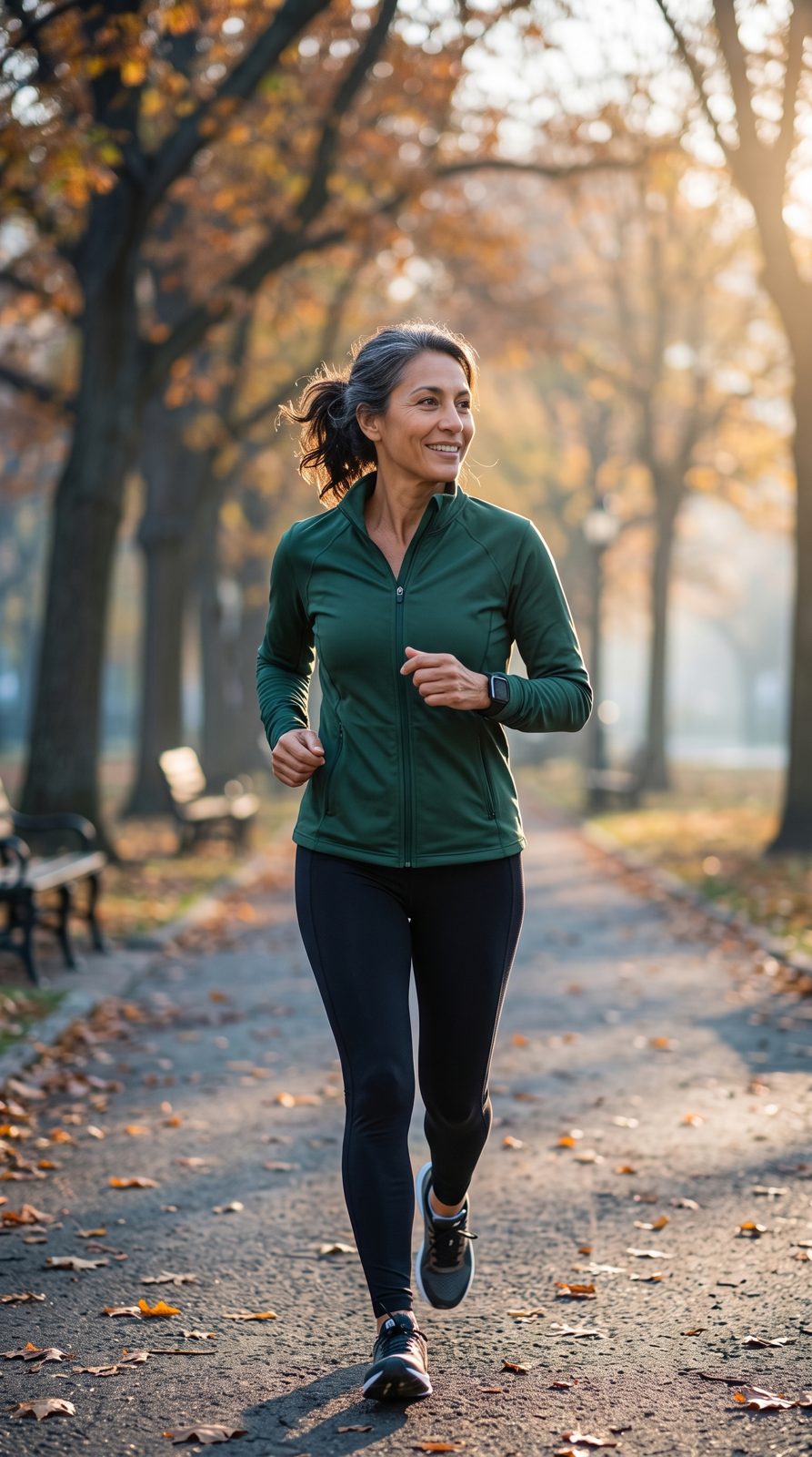 Mom out for a morning run in an autumn park