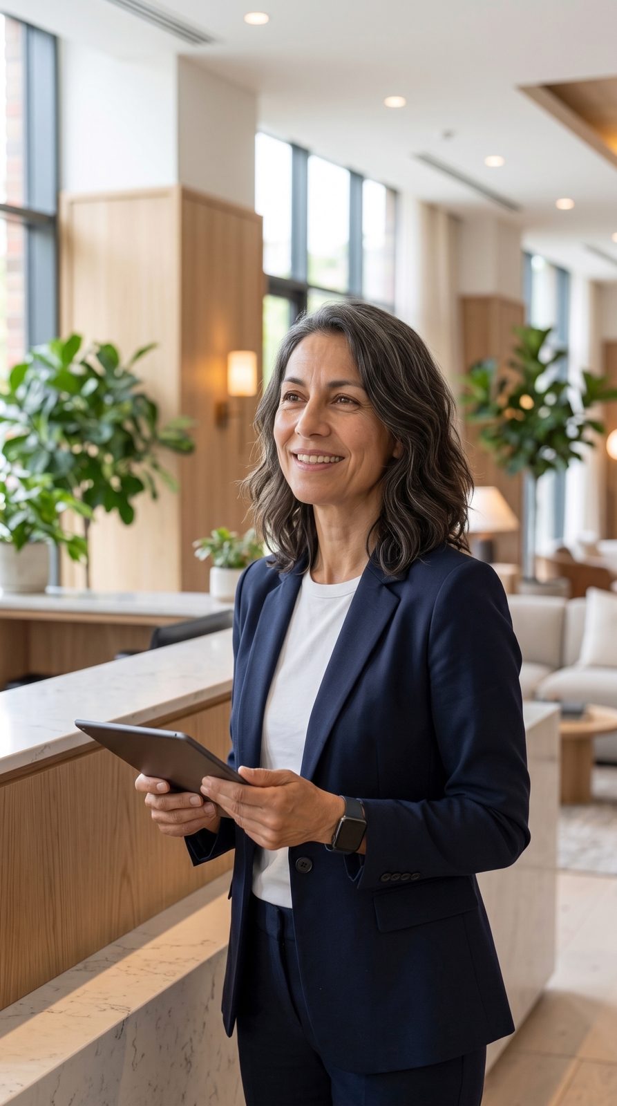 Mom at work in a hotel lobby, smiling and holding a tablet